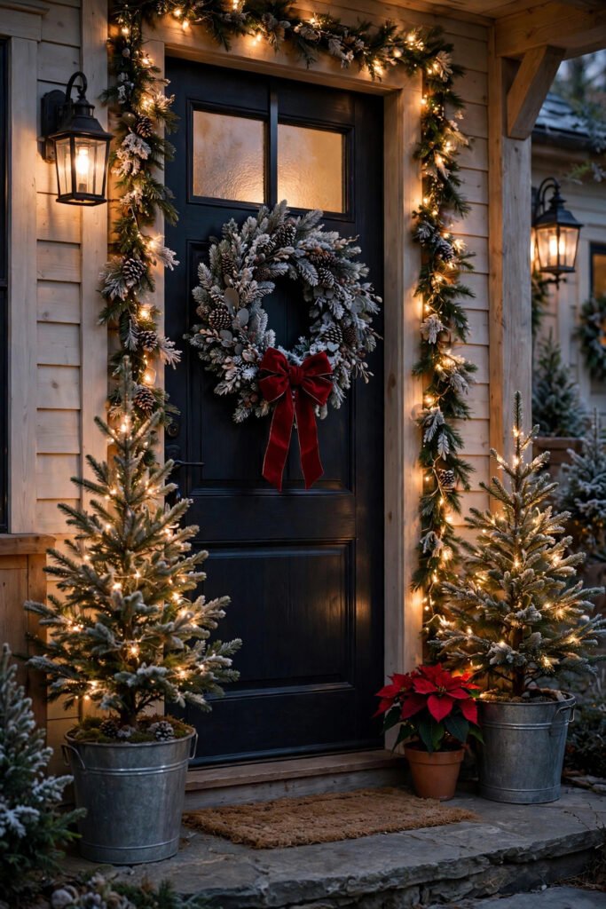 Two small pre-lit trees in galvanized buckets on either side of a dark door with a frosted wreath and red bow, potted poinsettia, lit garland