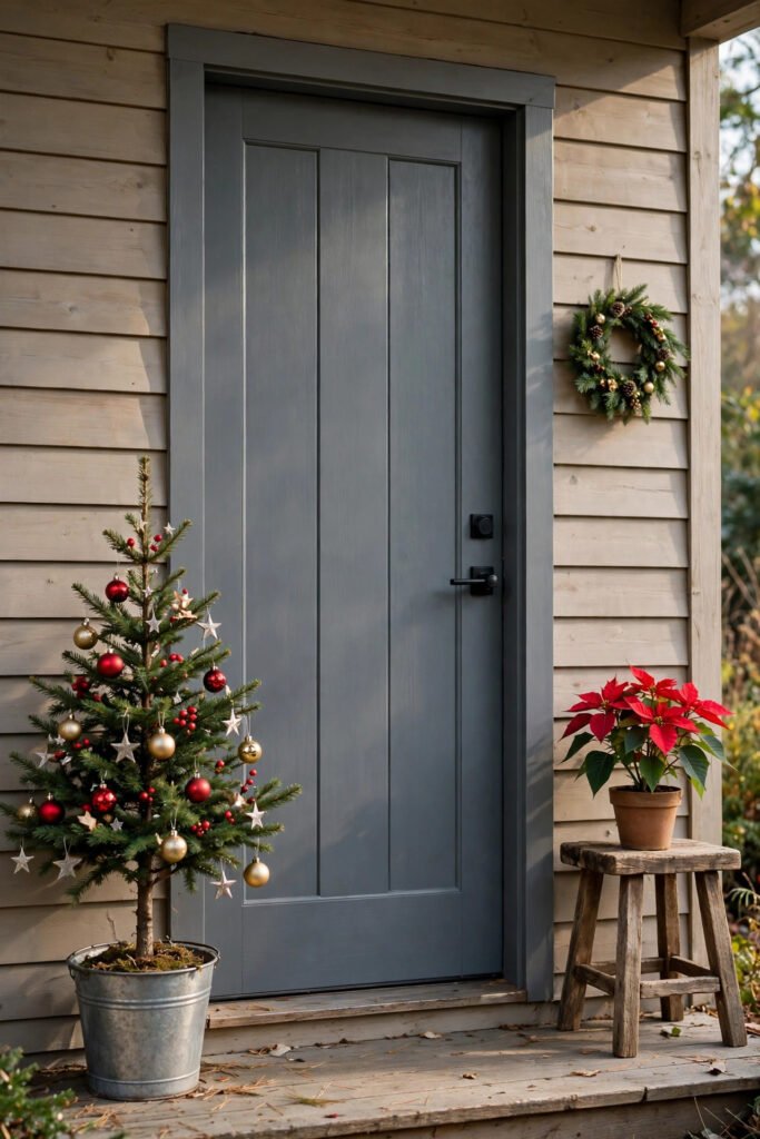 Slate gray door with a small tree in a galvanized bucket decorated with red and gold ornaments and silver stars, poinsettia on a rustic wooden stool, mini wreath on the siding