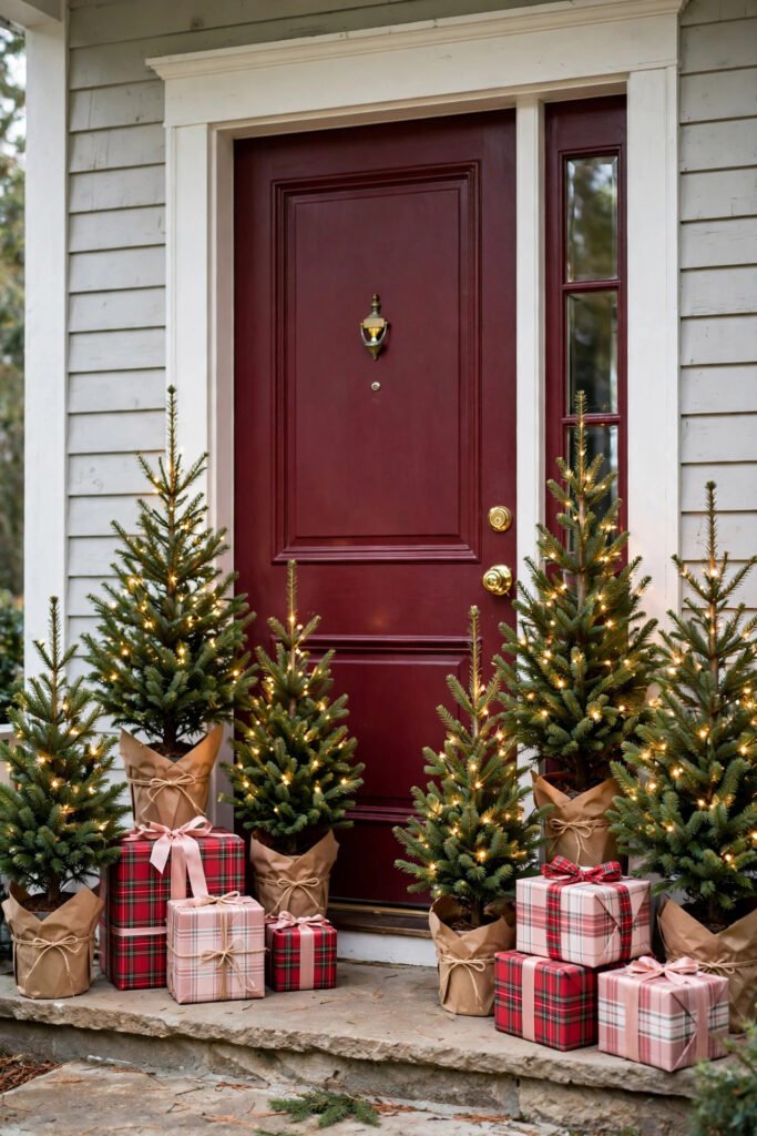 Six small potted trees with warm white lights, pots wrapped in brown kraft paper and twine, around a burgundy front door with plaid gift boxes in red and blush
