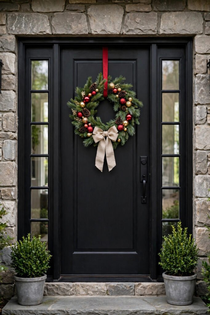 Black door with black-framed sidelights and a stone surround, one fresh wreath with pinecones, red and gold ornaments and a linen ribbon bow hung from a red ribbon, two boxwoods in gray pots