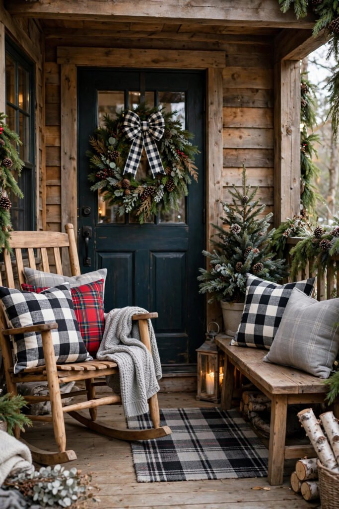 Cozy Christmas front porch with a rocking chair and wooden bench dressed in black-and-white buffalo check, red tartan and gray plaid pillows, plaid bow on the wreath and plaid doormat