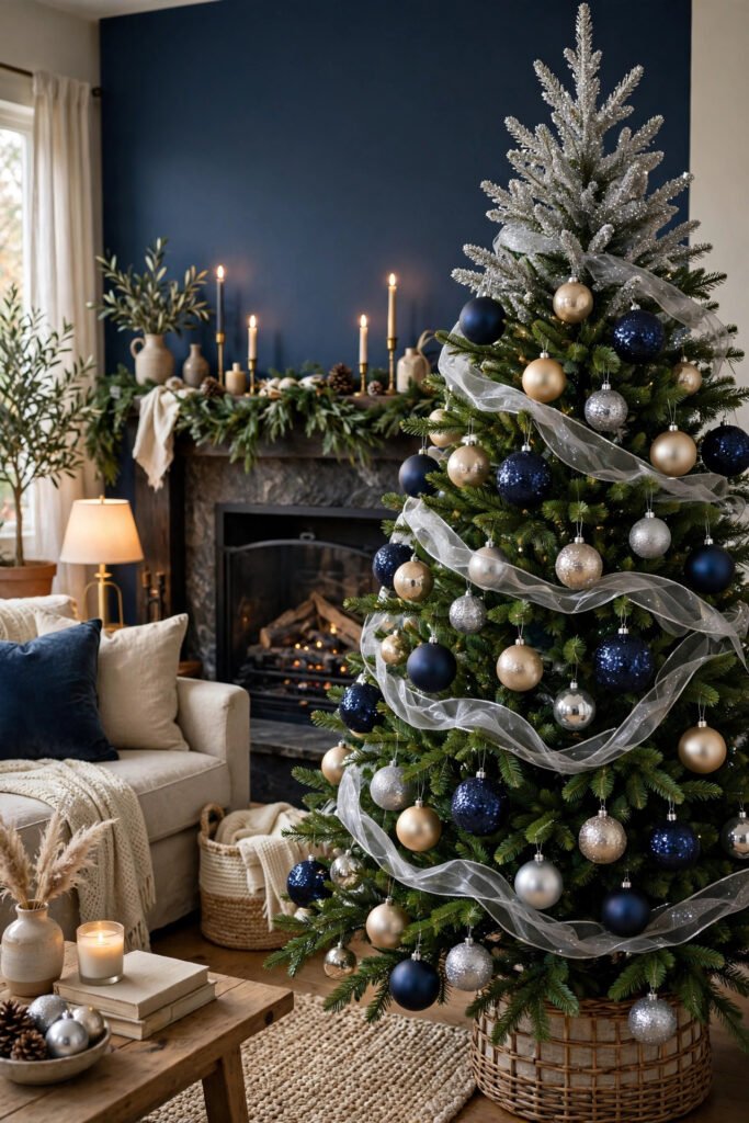 Green Christmas tree with matte and sequin navy balls, champagne and silver ornaments, sheer silver ribbon, silver glitter spray on top, navy accent wall behind the fireplace