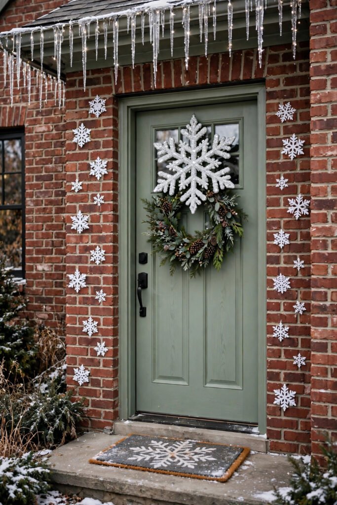 Sage green front door with a giant glittery snowflake over a wreath, white snowflakes on the brick wall, snowflake doormat, icicle lights along the roof edge