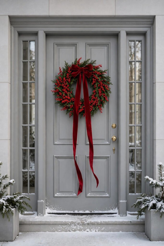 Gray front door with a single full wreath of red berries and a velvet bow with long trailing tails, classic molding and sidelights, fresh snow