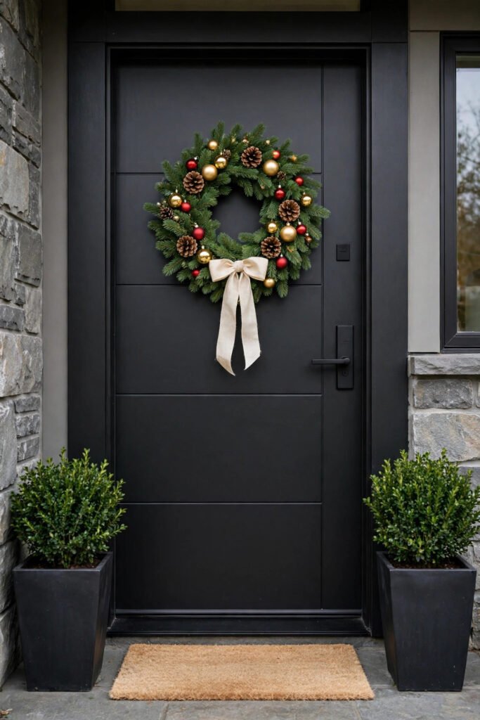 Modern black door with one fresh wreath with pinecones, red and gold ornaments and a cream ribbon bow, two boxwoods in dark planters, simple welcome mat