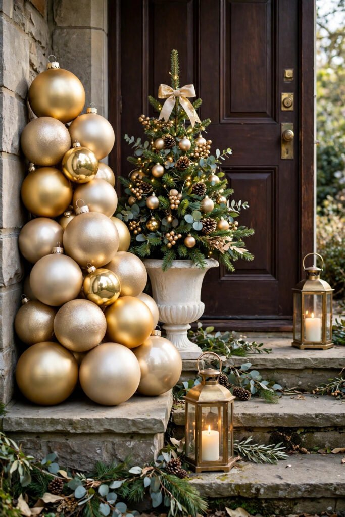 Giant gold and champagne Christmas ornaments stacked beside a white urn with a small decorated tree next to a dark chocolate front door, brass lanterns with pillar candles on stone steps