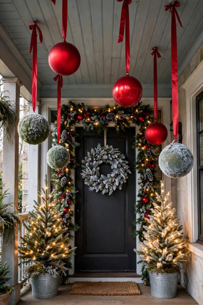 Porch ceiling with red ribbons holding giant red ornaments and frosted kissing balls at different heights, lit garland with red balls and pinecones around the door, frosted silver wreath, two glowing trees in galvanized buckets