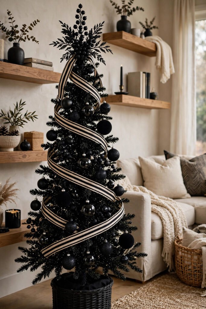 Slim black pencil Christmas tree wrapped in black-and-cream striped ribbon, black glitter, gloss and matte ornaments, glittery black berry picks on top, oak floating shelves nearby