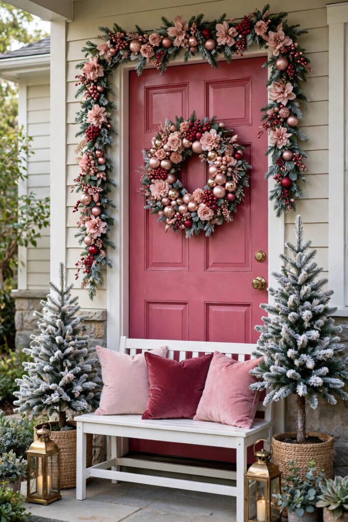 Raspberry-pink door with garland and wreath of blush, rose gold and berry ornaments, white bench with pink and berry velvet pillows, flocked tree, brass lanterns