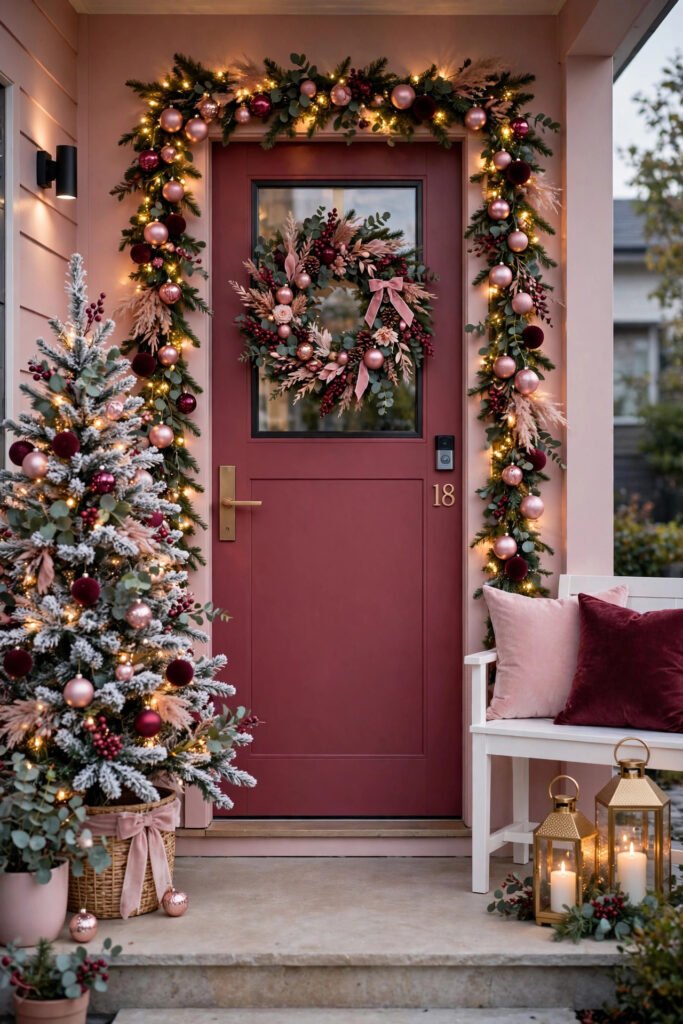 Front porch Christmas decor in blush pink, rose gold and burgundy with lit garland framing a raspberry door and pink velvet pillows on a white bench