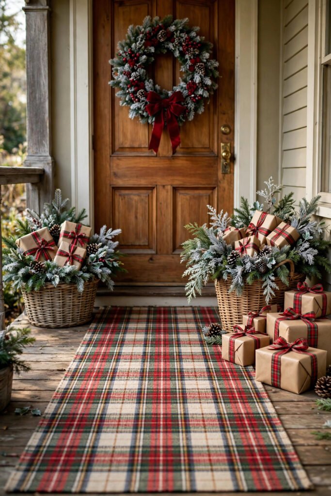 Long red green and cream plaid Christmas runner rug across a front porch in front of a warm wood door with wreath
