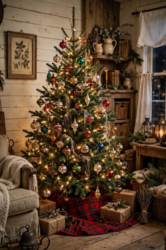 Vintage Christmas tree with a red plaid blanket as a tree skirt, colorful glass ornaments and tinsel