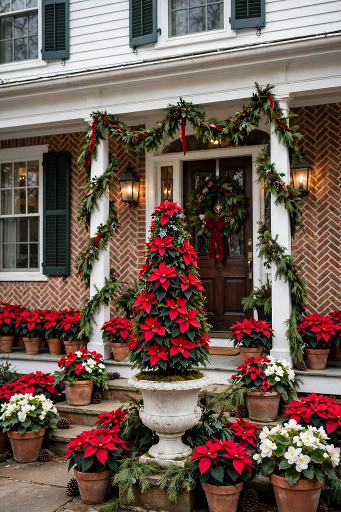 Tall red poinsettia topiary in a white stone urn as a Christmas porch centerpiece with terracotta planters of begonias