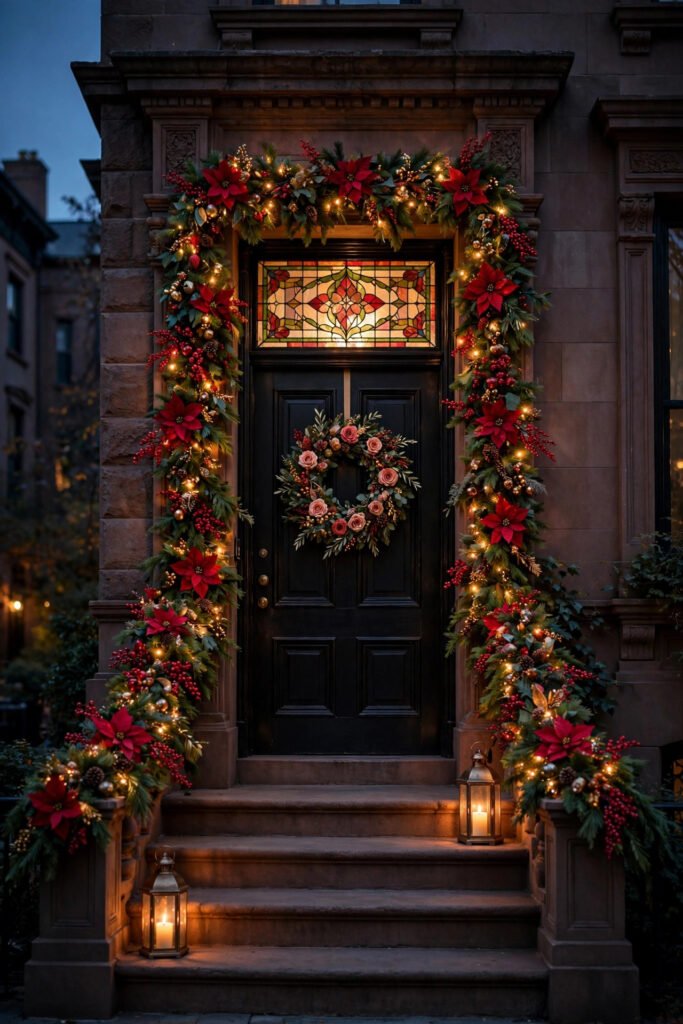 Brownstone entry with a lit garland full of faux red poinsettias and berry sprays around a black door and stained-glass transom, rose wreath, glowing lanterns on the steps