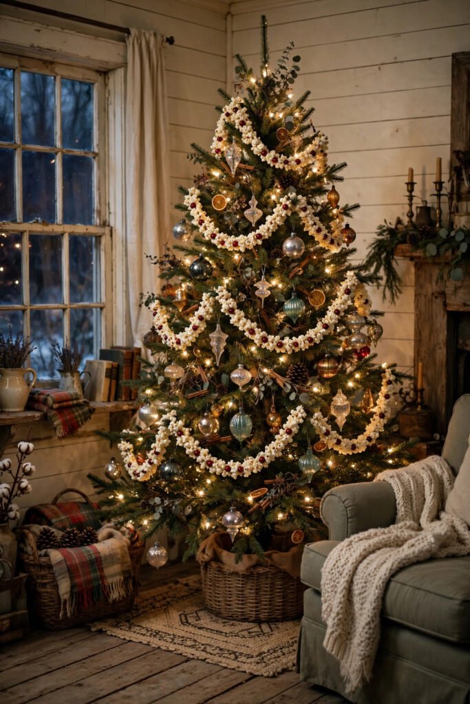 Vintage Christmas tree with a handmade popcorn and cranberry garland draped in swags