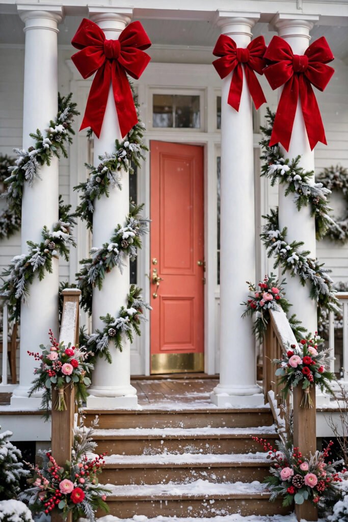 White front porch columns decorated with giant red velvet Christmas bows and snowy garland spiraling down, coral front door