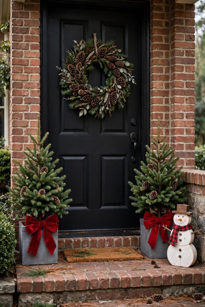 Two small potted evergreens with red velvet bows tied around gray square planters beside a black door with a pinecone wreath, brick porch, wooden snowman