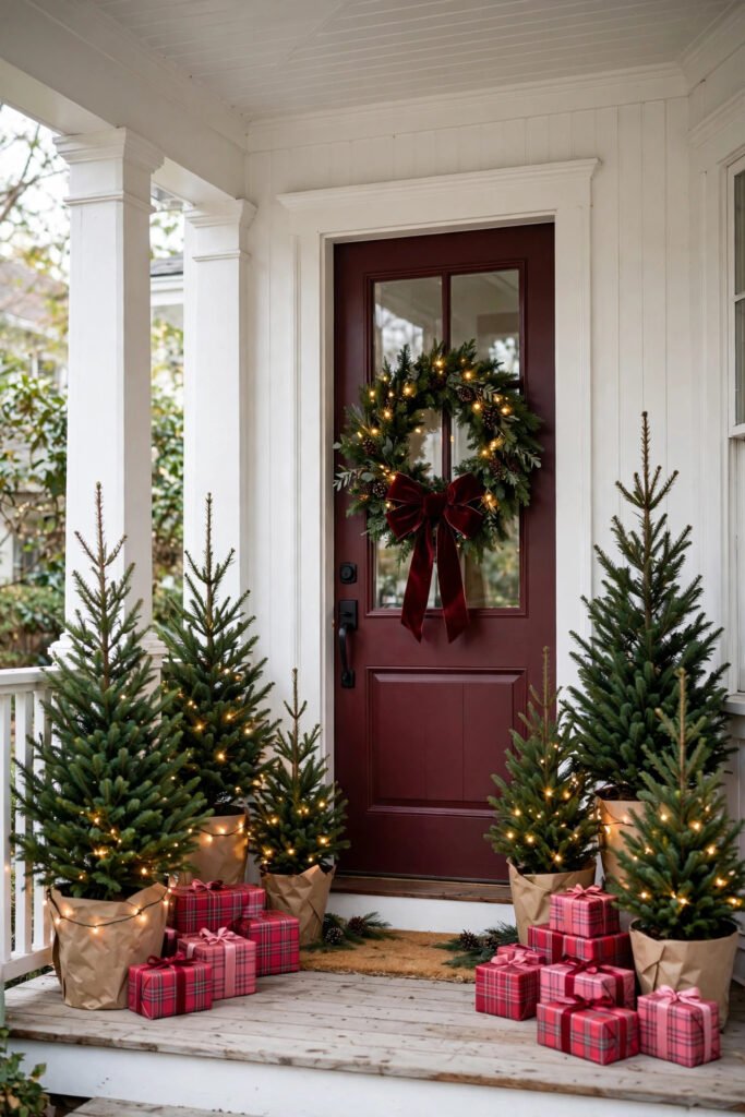 White porch with six lit evergreens in kraft paper wrapped pots stepping from tall to small on both sides, red and pink plaid gift boxes, deep burgundy door with lit wreath and velvet bow