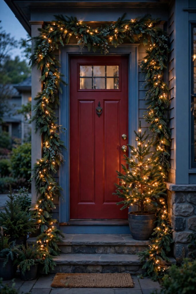 Red front door framed by full evergreen garland with tiny warm lights from top to step, blue trim, lit tree beside the door, dusk light