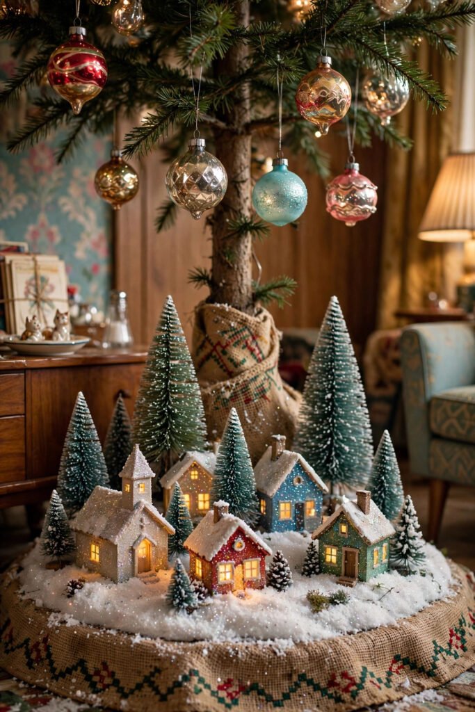Base of a vintage Christmas tree with a tiny glitter-covered putz village on fake snow with bottle-brush trees