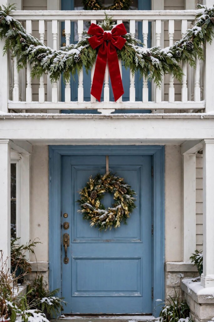 Fresh cedar garland draped across white balusters of an upper balcony railing above a soft blue front door, big red bow at the center, snow, wreath with gold tinsel below