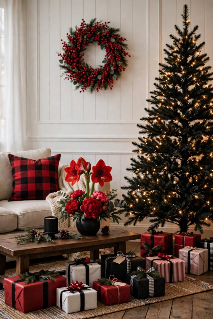 Plain black Christmas tree with warm lights, red berry wreath on a white paneled wall, red amaryllis in a black vase, red peonies, buffalo check pillow, red, white and black gifts