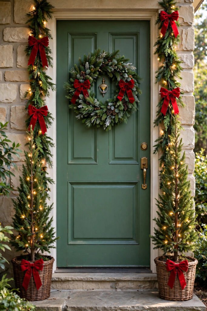 Green door with lit garland down both sides with red bows at the top and midway, wreath with two bows, slim lit trees in planters each with a bow at the base