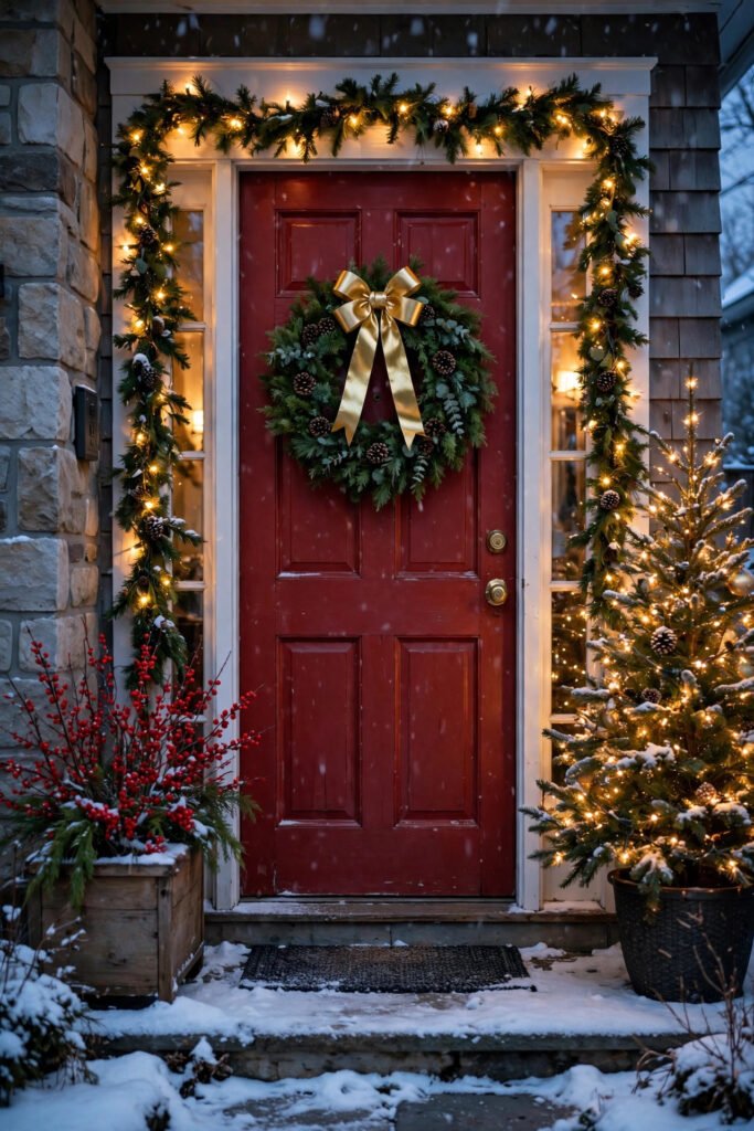 Red front door with a full green wreath and a shiny gold ribbon bow, garland lights framing the door, snow, a lit tree, planter of red berries