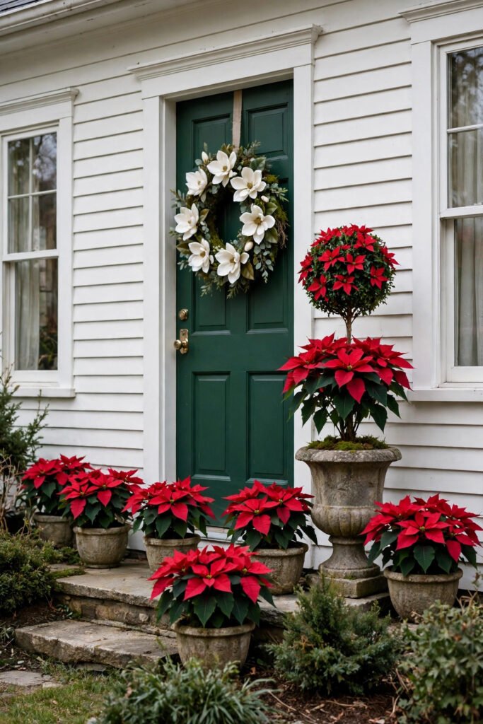 A row of red poinsettias along the front of a white-sided house, poinsettia topiary in a stone urn, deep green door with a white magnolia wreath