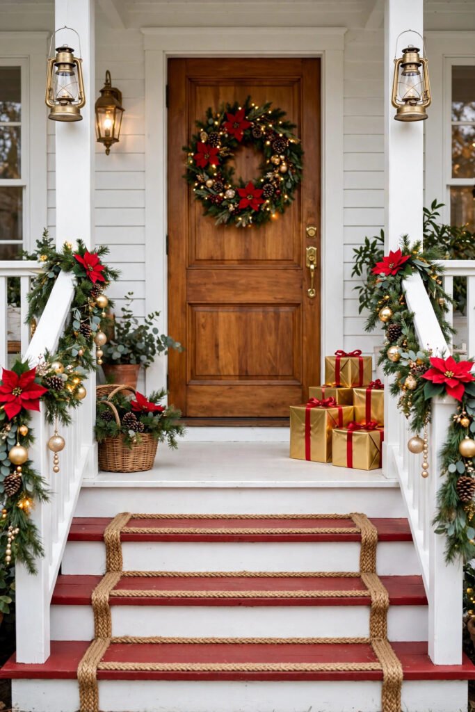 White farmhouse porch steps with red treads with jute borders, brass lanterns, gold gift boxes with red ribbon, railing garland with poinsettias and champagne ornaments, warm wood door with glowing wreath