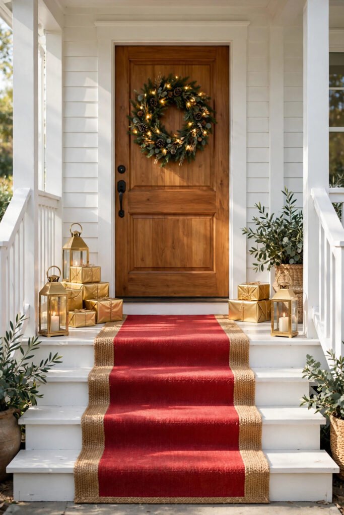 White farmhouse porch steps covered with red runners with a natural jute border, gold lanterns with candles, gold-wrapped gift boxes, warm wooden door with a lit wreath