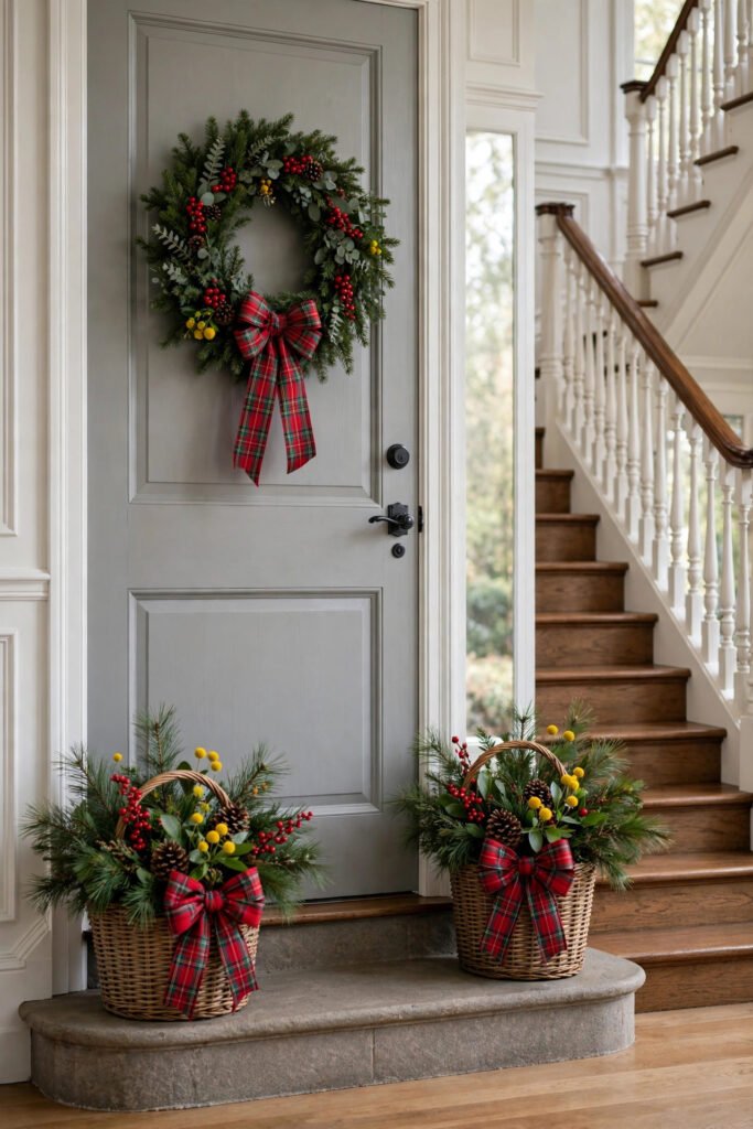Soft gray front door with a wreath tied with red tartan plaid ribbon, two wicker baskets of pine, red berries and yellow blooms with matching plaid bows on the top step