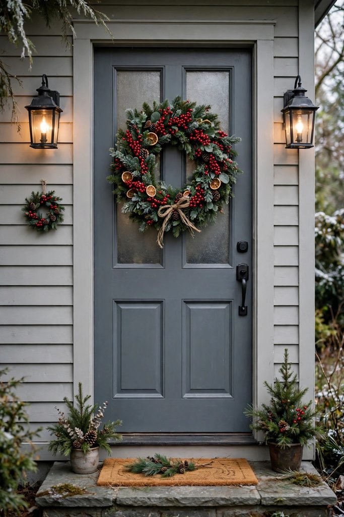Red berry Christmas wreath on a slate gray front door with a tiny matching wreath hung on the siding beside it