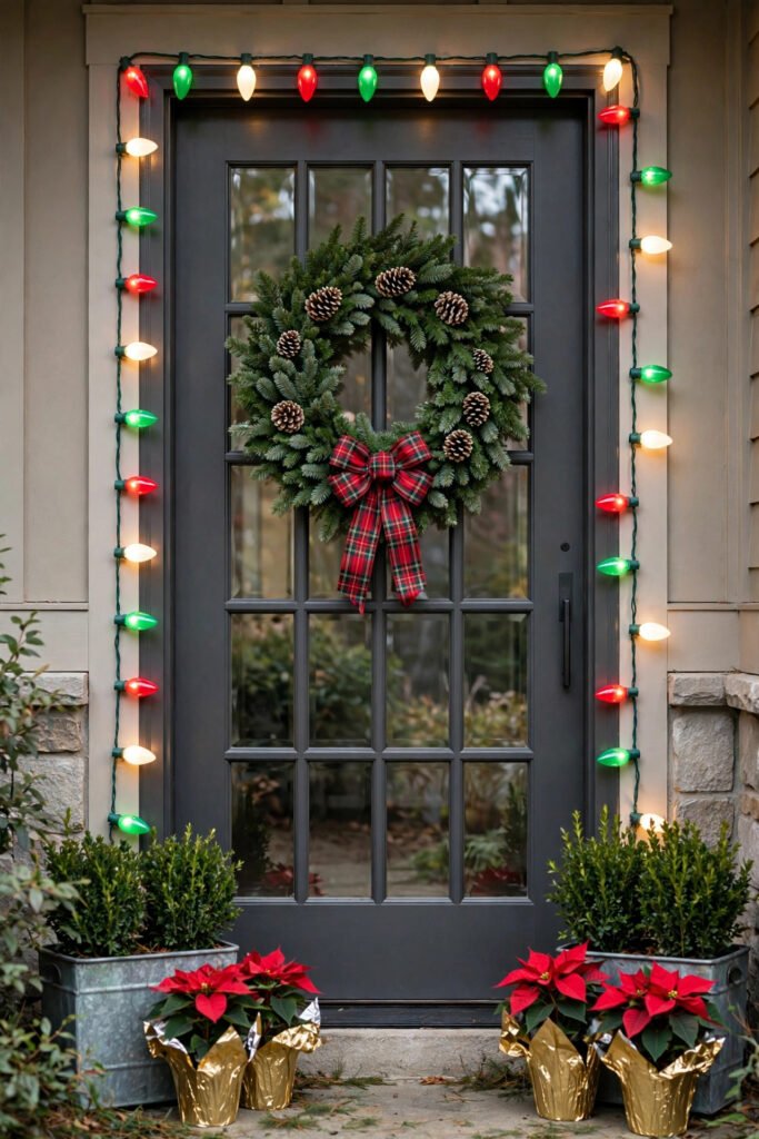 Dark gray glass door outlined with large red, green and white C9 lights, fresh wreath with a plaid bow and pinecones, red poinsettias in gold foil wraps, boxwoods in zinc planters
