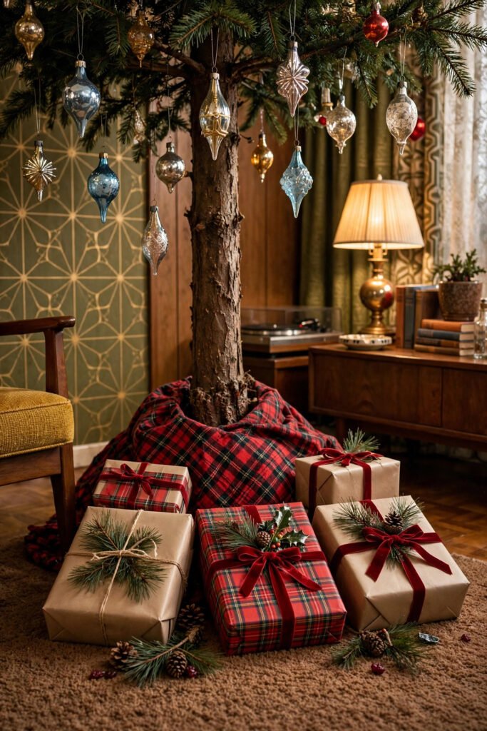 Base of a vintage Christmas tree with gifts wrapped in kraft paper, red plaid and velvet ribbon with pine sprigs