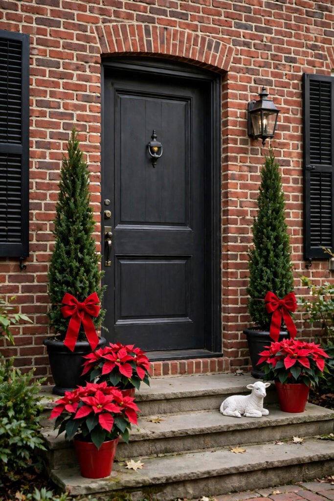 Brick colonial entry with a charcoal door flanked by two slim evergreen topiaries with big red bows, red poinsettias in glossy red pots, small white lamb statue on the steps