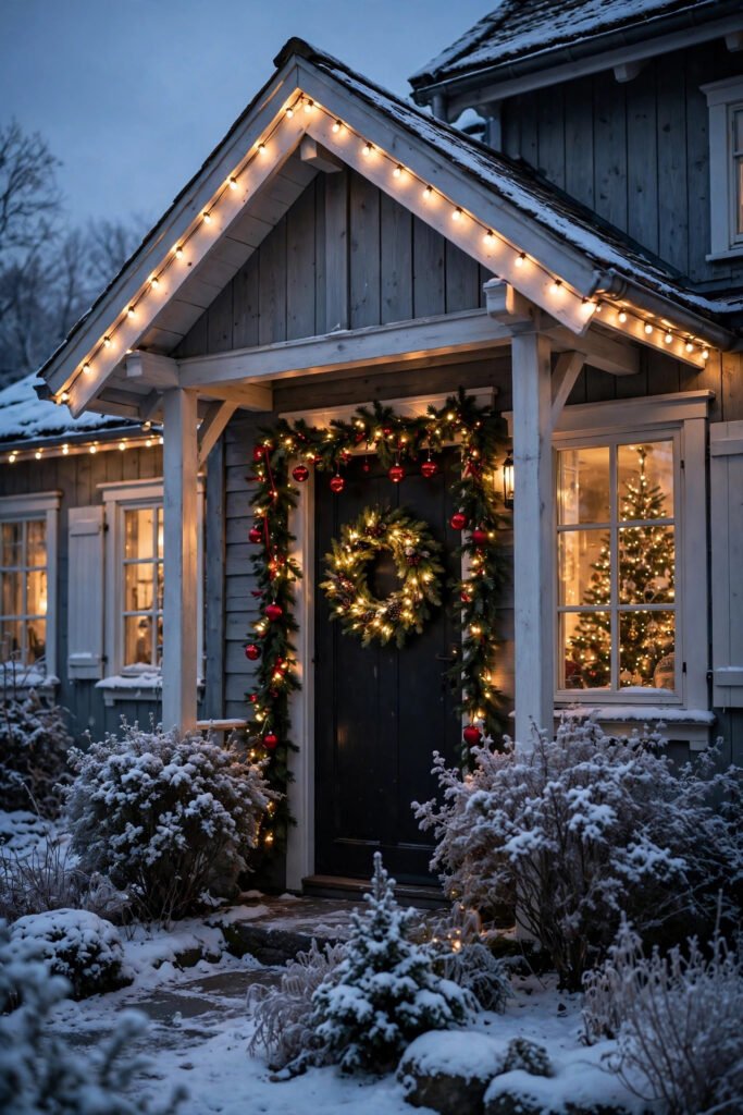 Cottage with eaves and porch gable outlined in warm white lights, lit garland with red ornaments around a dark door, glowing wreath, snowy shrubs, tree in the window, dusk