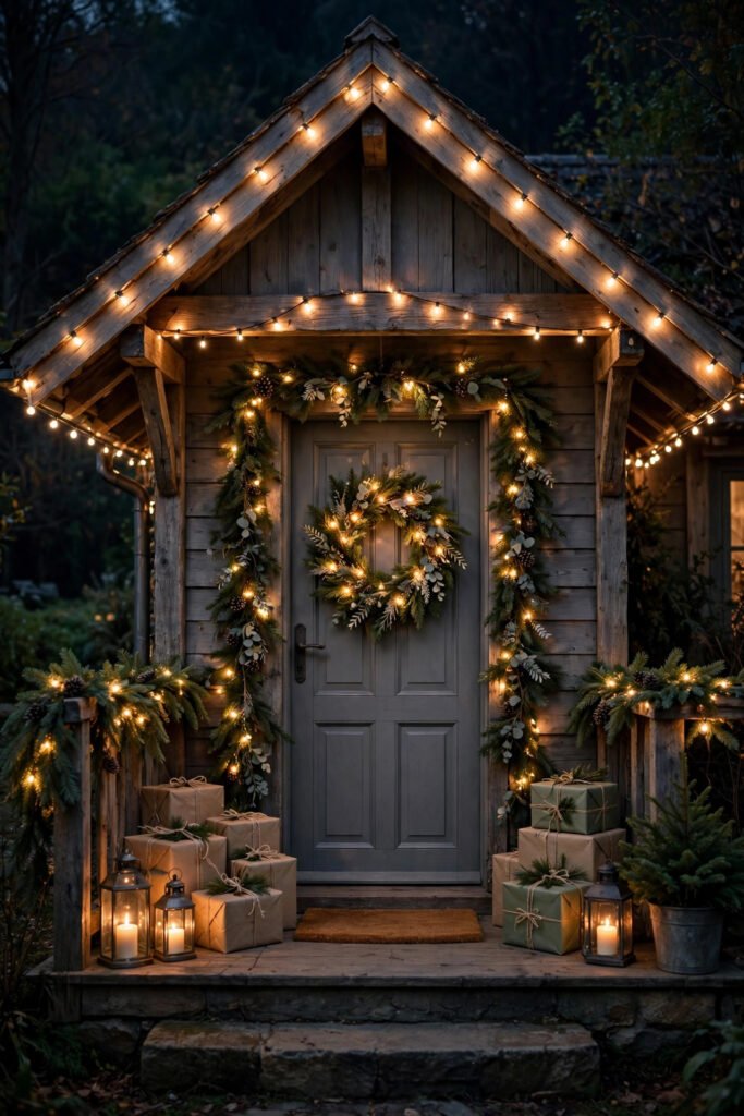 Cottage porch with the gable and eaves outlined in warm white string lights, lit garland and glowing wreath on a gray door, wrapped gifts, candles, Merry Christmas doormat, night