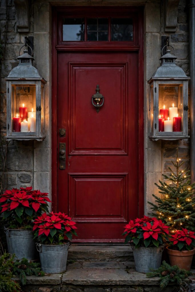 Deep red front door with two weathered gray rustic lanterns holding red and white pillar candles, red poinsettias in galvanized buckets, lit tree in a terracotta pot