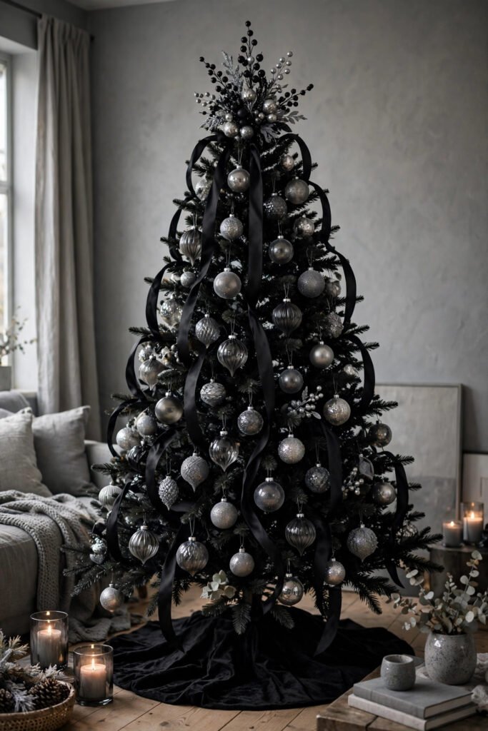 Black Christmas tree with wide black satin ribbon falling in loose vertical loops, smoky glass, grey glitter and silver ornaments, black and silver berry pick topper, black velvet skirt, cozy grey room
