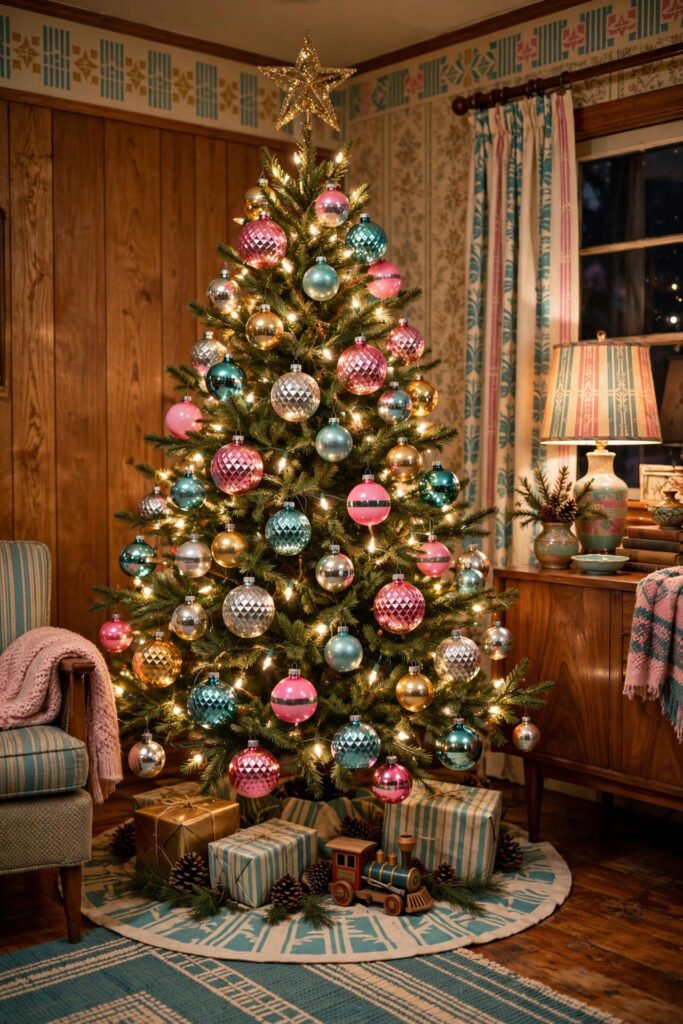 Shiny Brite glass ornaments on a vintage Christmas tree — stenciled stripes and reflector baubles in pink, teal, silver and gold