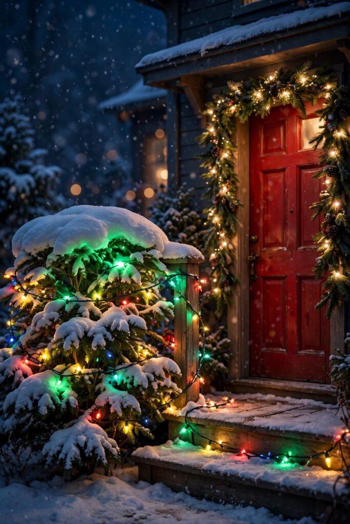 Evergreen shrub beside a porch step wrapped in colored string lights glowing green under a snow cap, red door with warm white lit garland