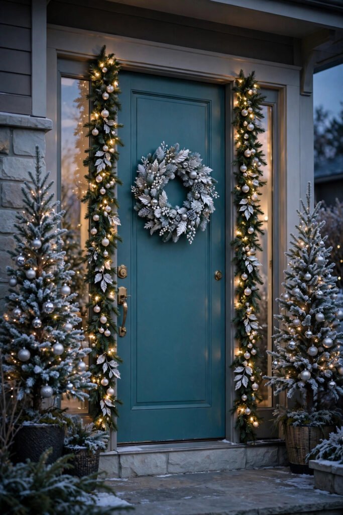 Teal front door with lit garland down the sidelights dotted with pearly ornaments and silver leaves, two flocked trees with silver balls on either side, silver and white wreath