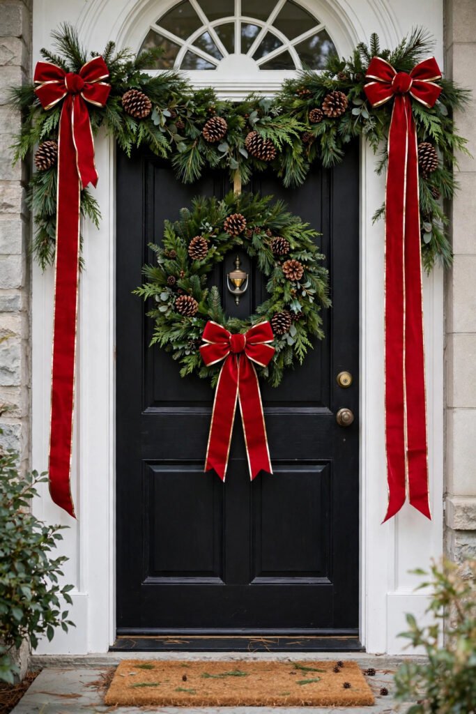Black door under a white fanlight with a fresh pine swag with pinecones across the top, red velvet bows with gold edges and long tails at each end, matching wreath