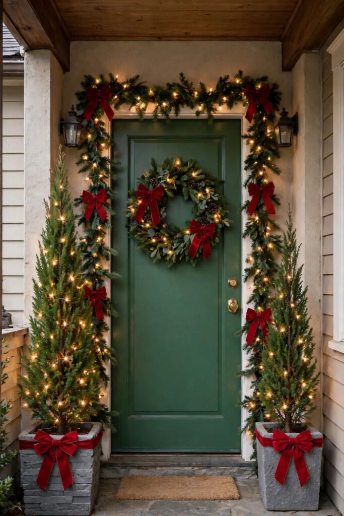 Narrow porch with two slim pencil trees with warm white lights in stone planters with red bows at the base, lit garlands with red bows around a green door, wreath with two bows