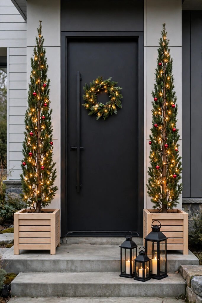 Modern entry with black door with long bar handle, two tall slim pencil trees with warm lights and red ornaments in light wood planter boxes, cluster of three black lanterns on the steps, small lit wreath