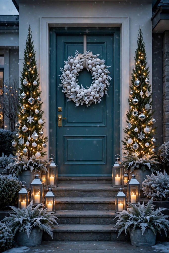 Teal front door flanked by two slim lit Christmas trees with white and mirrored ornaments, white-ball wreath, silver lanterns with pillar candles on the steps, snowy ferns in galvanized planters