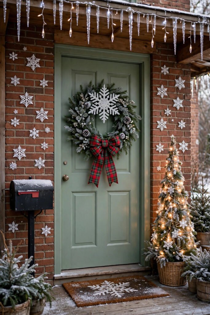 Porch with snowflake theme, glittery snowflake on the wreath, white snowflakes on brick wall, mailbox and doormat, icicle lights along the roof edge, light-up cone tree, sage green door with plaid bow