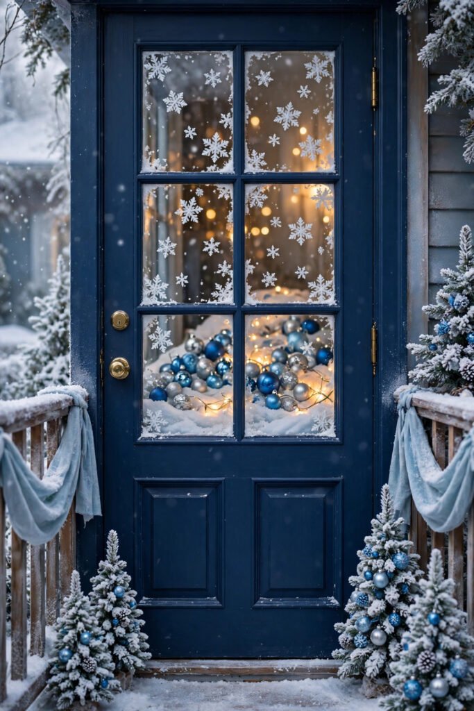 Navy front door with glass panes decorated with snowflake window clings, blue and silver ornaments on faux snow behind the glass