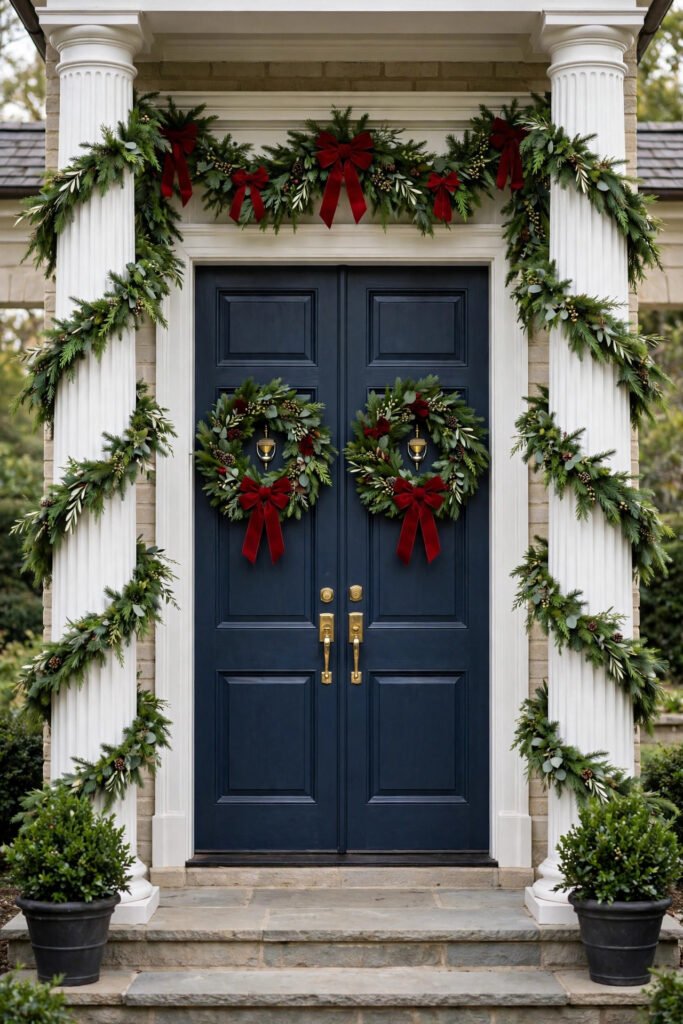Grand entry with fresh garland spiraling around fluted white columns, doorway garland with red velvet bows, twin wreaths on navy double doors